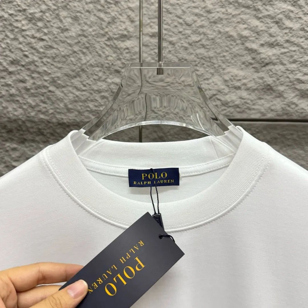 🅿️180 Polo* Ralph Lauren 2025 spring and summer new style Classic pony embroidery Customized double yarn plain cotton fabric Short-sleeved T-shirt Uniform for men and women Color: black white light pink light blue Size: S (90-130 pounds) M (120-150 pounds) L (140-165 pounds) XL (160-180 pounds) XXL (180-210 pounds)